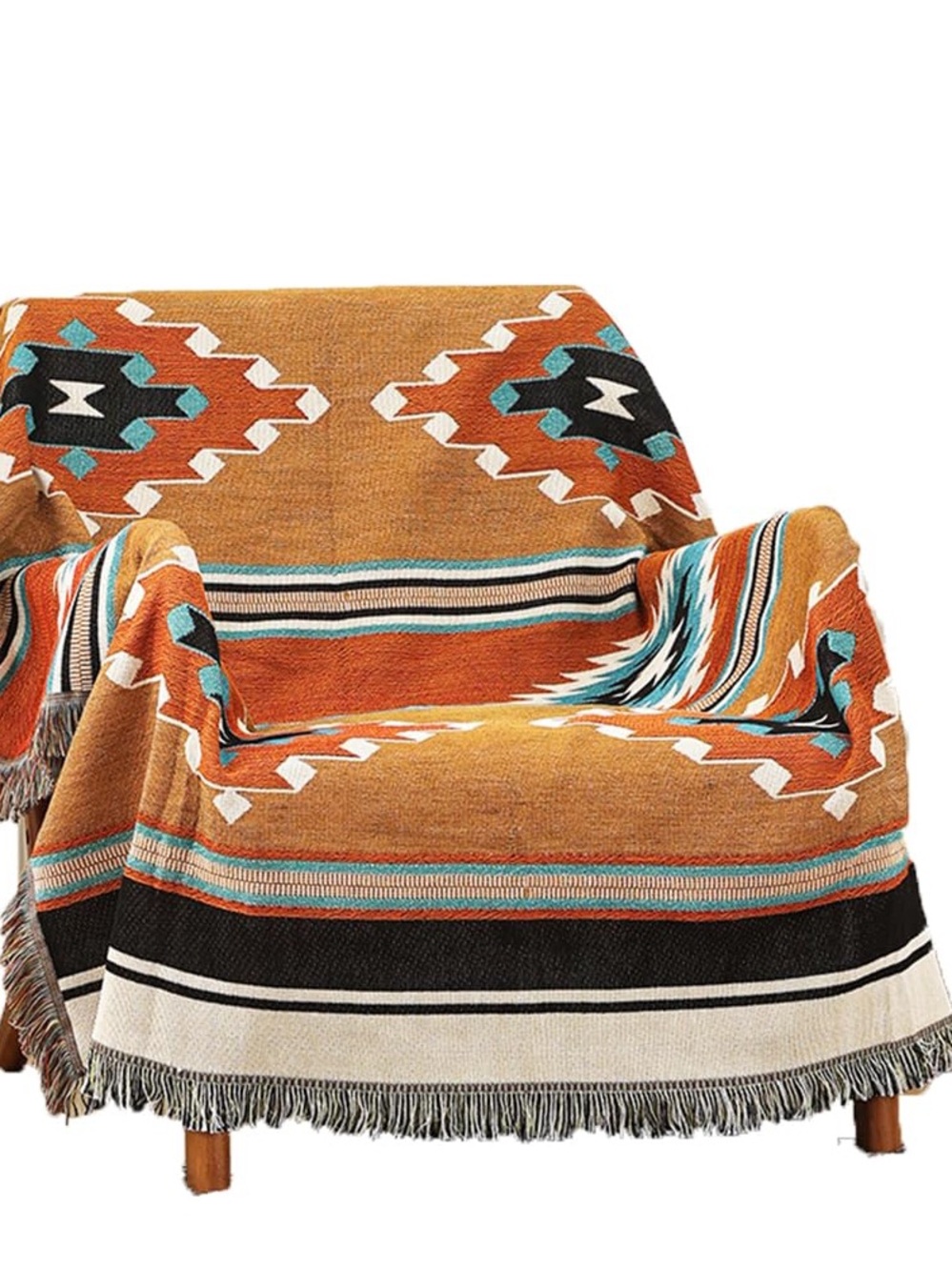 Southwest-Style Orange and Turquoise Woven Throw Blanket 51x63